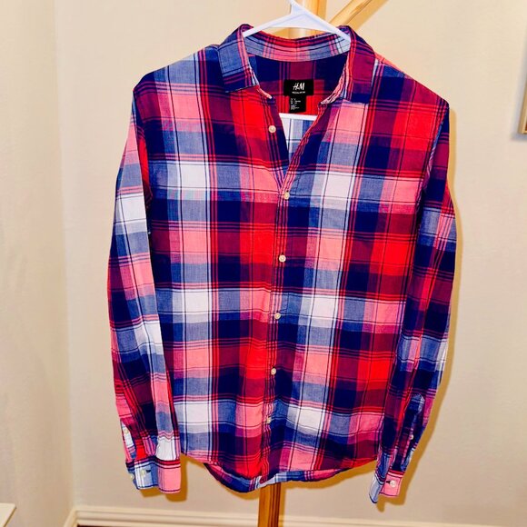 H&M Slim Fit Plaid Button-Down Shirt – Red/Blue, Size Small - Picture 1 of 3